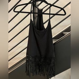 Women’s Fringe Tank Top, Black, Size SM
